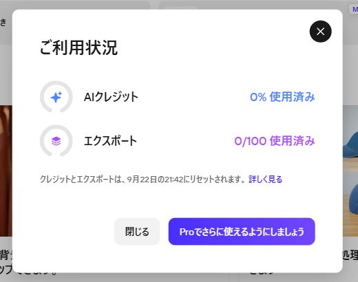 Photoroom無料アカウントの操作前Usage表示