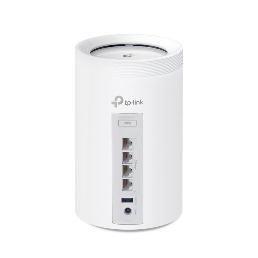 Deco BE65 V2の背面。LAN端子4つとUSB端子、電源端子が並ぶ