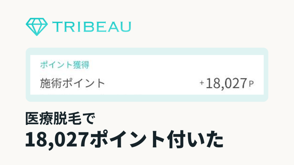 トリビューの施術ポイント「+18,027P」の付与履歴と「医療脱毛で」「18,027ポイント付いた」の見出し
