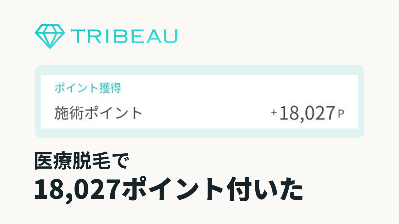 トリビューの施術ポイント「+18,027P」の付与履歴と「医療脱毛で」「18,027ポイント付いた」の見出し