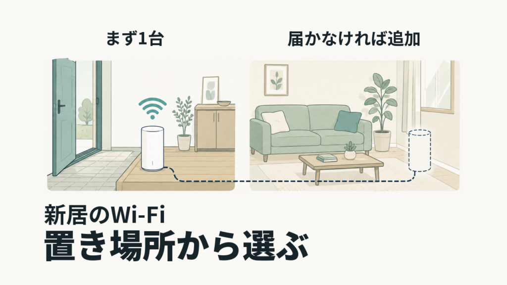 玄関側にまず1台置き、届かなければリビングへ追加するWi-Fiの配置図。「新居のWi-Fi」「置き場所から選ぶ」