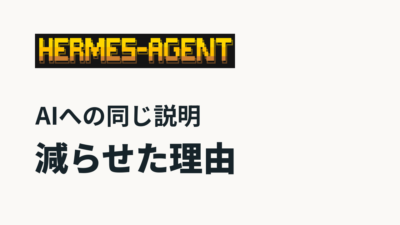 Hermes Agentのロゴと「AIへの同じ説明」「減らせた理由」の見出し